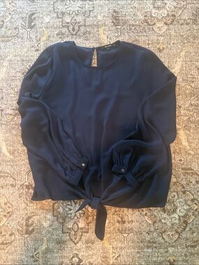 🥿 Women’s Sheer Navy Blue Long-Sleeve Tie-Front Blouse - Elevated Basic - Size L